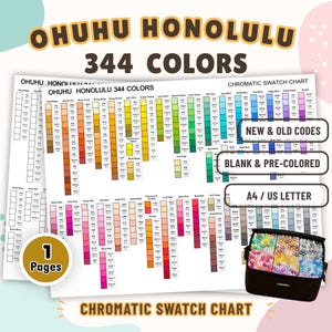 Könnte beinhalten: Ohuhu Honolulu 344 Farben chromatische Farbtabelle mit einem Raster aus Farbfeldern, Beschriftungen und Codes. Enthält Text: New & Old Codes, Blank & Pre-colored, A4 / US Letter, 1 Pages. Eine schwarze Tasche gefüllt mit Stiften ist abgebildet.