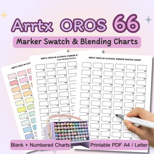 May include: Printable marker swatch and blending charts for Arrtx OROS 66 alcohol markers. The image shows several white sheets with numbered boxes for color testing, a marker case, and the text "Blank + Numbered Charts" and "Printable PDF A4 / Letter".