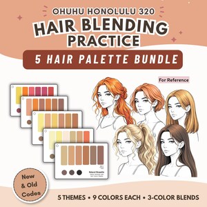 Puede incluir: Ohuhu Honolulu 320 Hair Blending Practice 5 Hair Palette Bundle que incluye cinco tarjetas rectangulares de muestras de color con varios tonos de cabello y cinco retratos ilustrados de personas con diferentes peinados y colores.