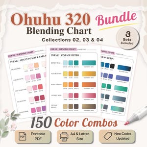 May include: A bundle of Ohuhu 320 Blending Charts with 150 color combos. The charts include themes like Sweet Peach & Sakura, Vintage Retro, and Ocean Deep. The bundle includes 3 sets and is available in A4 & Letter size.