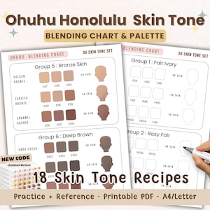 Puede incluir: Tabla de mezcla y paleta de tonos de piel Ohuhu Honolulu con 36 conjuntos de tonos, 18 recetas de tonos de piel y hojas de referencia. El PDF imprimible incluye grupos para Bronze Skin, Deep Brown, Fair Ivory y Rosy Fair con códigos.