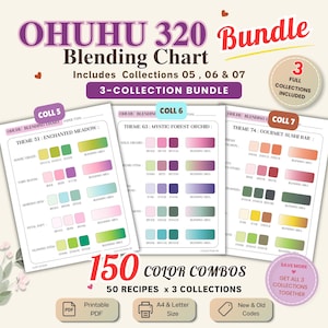 Può includere: Un pacchetto di tabelle di miscelazione Ohuhu 320 che include le collezioni 05, 06 e 07. Il documento mostra 150 combinazioni di colori con 50 ricette per collezione, inclusi temi come Enchanted Meadow, Mystic Forest Orchid e Gourmet Sushi Bar.