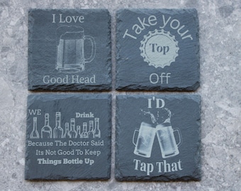 Posavasos cuadrados de pizarra: Humor con bebidas grabado a láser / Decoración rústica para bar