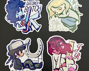 Vinylstickers met hyperpopmuziekthema (Nurture, Beauty Sleep, Wallsocket, Tweaker Poem)