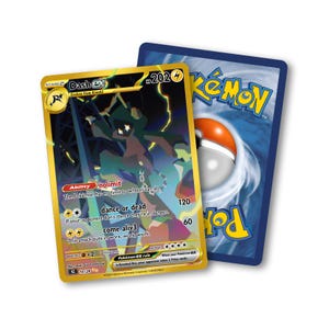 Puede incluir: Una tarjeta Pokémon Dash EX dorada con una ilustración oscura de una figura encapuchada. La tarjeta muestra el texto "Dash EX" y "202 HP". El reverso es azul con una Pokéball blanca y naranja.