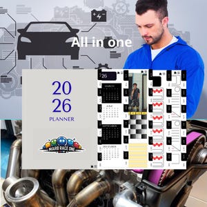May include: A planner with the text "2026 PLANNER" and a logo for "MARB RACE ONE". The image also includes a calendar with the months March, June, September, and December. The words "All in one" are also visible.