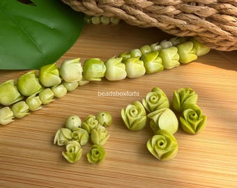 Variegated Green Tulip Flower Beads, Variegated Green Hawaiian Pakalana Beads, Resin  & Coral Powder Tulip Beads,  QUANTITY Optional, HK26