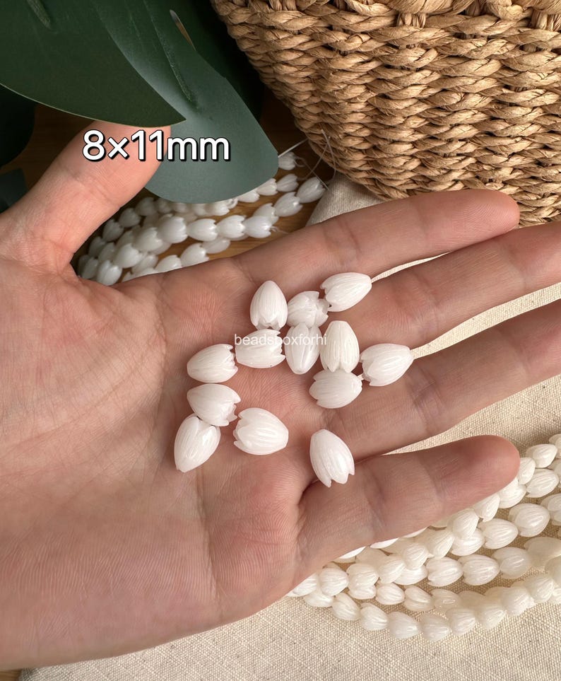 7 x 8 8 x 11 mm melkwitte snoekkralen, hars- en koraalpoeder Hawaiiaanse snoekkralen, witte jasmijnbloemkralen, HK6 8x11 mm