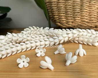 White/ Iridescent White Resin Half Bloom Pikake Beads, Resin Hawaiian Cream White Pikake Beads, Particial Bloom Jasmine Flower Beads, HK22