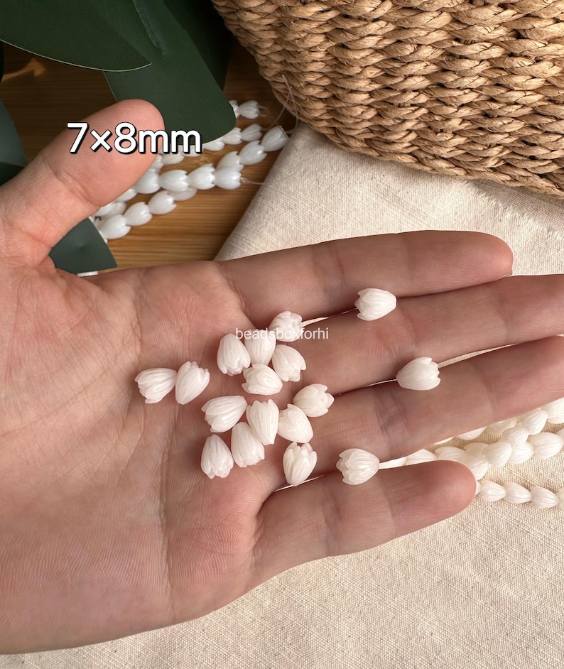 7 x 8 8 x 11 mm melkwitte snoekkralen, hars- en koraalpoeder Hawaiiaanse snoekkralen, witte jasmijnbloemkralen, HK6 7x8 mm