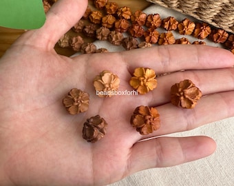 Wood Hibiscus Beads, Wooden Sakura Beads, Wood Carved Flower Beads, HK91