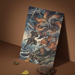 Può includere: Illustrazione di un samurai che combatte contro una volpe a nove code. Il samurai, in armatura, brandisce una spada blu incandescente contro la volpe infuocata. Lo sfondo presenta cieli tempestosi e onde oceaniche, creando una scena dinamica e drammatica.