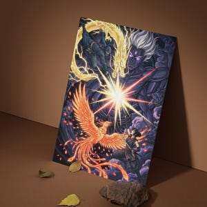May include: A vibrant art print featuring a fantasy battle scene. The artwork depicts a fiery phoenix, a golden dragon, and a dark figure clashing with a warrior. The color palette includes shades of orange, gold, purple, and blue.