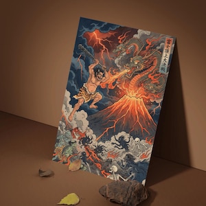 Könnte beinhalten: Ein lebendiger Druck, der eine Kampfszene mit einer muskulösen Figur zeigt, die eine Keule gegen einen dreiköpfigen Drachen schwingt. Das Kunstwerk zeigt einen Vulkan, dunkle Wolken und japanischen Text. Die Farbpalette umfasst Rot-, Orange-, Blau- und Brauntöne.
