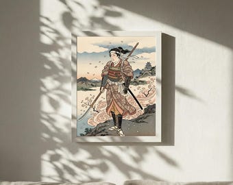 Japanese Female Samurai Print, Onna Musha Art, Castle & Cherry Blossom, Digital Download
