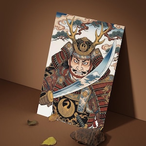 Puede incluir: Ilustración colorida de un guerrero samurái con armadura tradicional, sosteniendo una katana. La obra de arte presenta una representación detallada de la cara del guerrero, su casco con cuernos y su ropa. El fondo incluye una montaña y nubes.