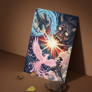 Könnte beinhalten: Ein illustrierter Druck mit einer Kampfszene mit einem Ninja, einem Phönix und einem Dämon. Das Kunstwerk ist lebendig mit einer Farbpalette aus Blau, Rosa und Rot. Der Ninja trägt Schwarz, und der Phönix ist ein zartes Rosa. Der Dämon hat einen grimmigen Ausdruck.