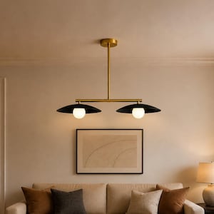 Elegancki mosiężny żyrandol wiszący z podwójną kulą, wyspa kuchenna, oprawa oświetleniowa sufitowa w stylu mid-century
