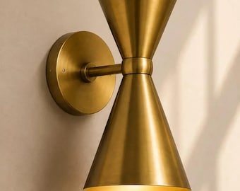 Handcrafted Brass Double Cone Wall Sconce, Italian Mid Century Up-Down Light, Retro Entryway Fixture
