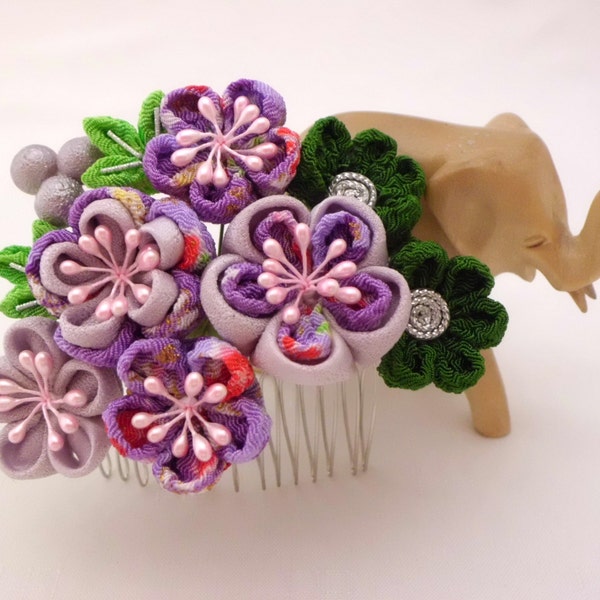 Reserved for SugarRaine Tsumami Kanzashi Hair Comb, Pine Bamboo PURPLE and LAVENDER Plum Blossom, Bridal Hair Comb, Flower Headpiece, OOAK