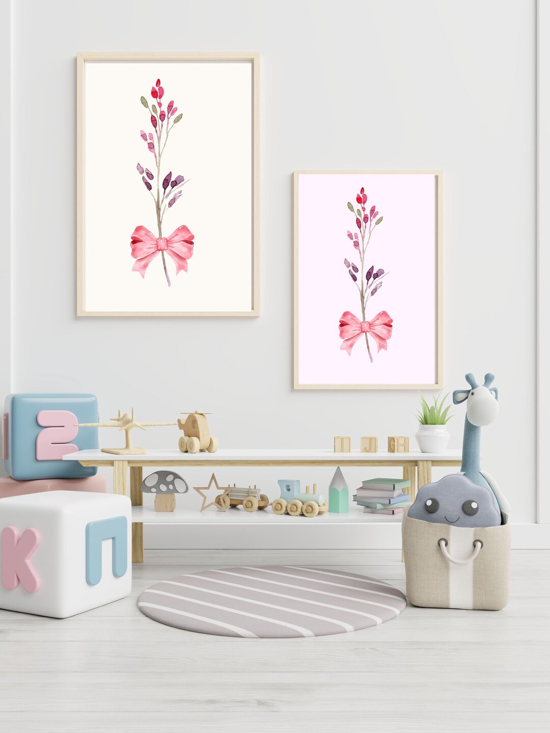 Watercolor Floral Nursery Prints, Pink Bow Botanical Art (digital ...