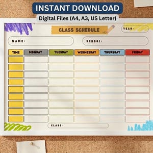 Op de afbeelding: Een printbaar lesrooster met een witte achtergrond, kleurrijke kopteksten voor de dagen van de week, tijdslots en velden voor naam, school en jaar. De tekst luidt INSTANT DOWNLOAD, Digital Files (A4, A3, US Letter).