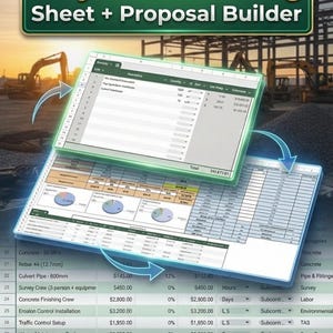 Op de afbeelding: Digitaal projectbegrotingsblad en offertebouwer. De afbeelding toont twee digitale spreadsheets met gegevens, grafieken en tabellen. De achtergrond toont bouwmachines en een zonsondergang.