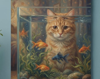 Orange getigerte Katze Kunstdruck | Goldfisch Aquarium Ölgemälde (Digital Download)