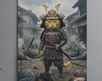 Samurai Katze Art Print, japanischer Krieger, Mann Höhle Dekor (Digitaldruck)