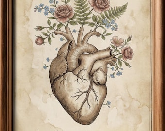 Anatomisches Herz Blumendruck, Vintage botanische Kunst (digitaler Download)