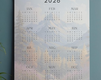 2026 Jahr auf einen Blick Bergkalender Printable | Natur Landschaft Wand Kunst | Kiefernwald Büro Deko | Digitaler Download Poster
