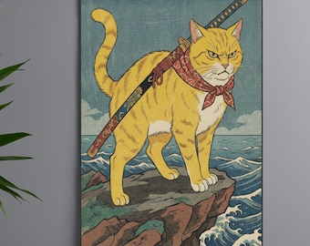 Ukiyo-e Samurai Ginger Cat Druck, Japanische Holzschnitt Kunst (Digitaler Download)