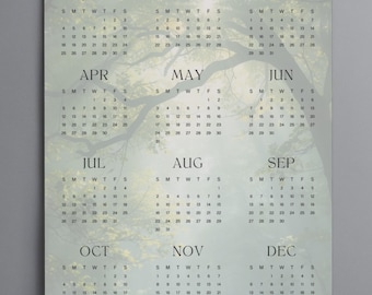 2026 druckbares Jahr auf einen Blick Kalender | Sonntag&Montag Start | Waldlandschaft | Minimalistischer Jahresplaner 2026 | Grünes Naturposter