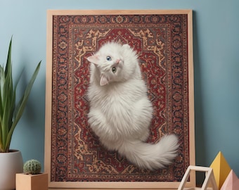 Weiße Katze auf Perserteppich, Kunstdruck, Wanddeko (Digital Download)