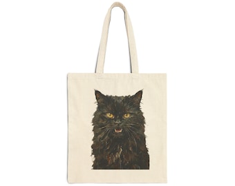 Black Fluffy Cat Portrait Tote Bag | Vintage Style Cat Art