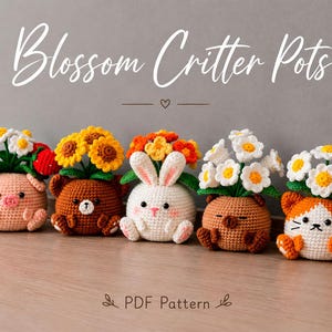 Amigurumi Blossom Critter Pots Crochet Pattern – Sunflower Bear Pattern, Strawberry Pig – PDF Play PDF