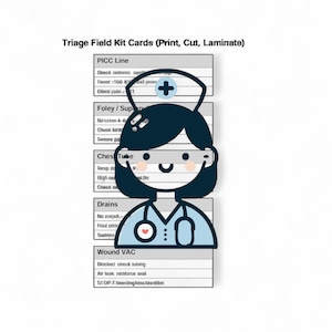Può includere: Illustrazione di un cartone animato di un'infermiera in uniforme blu e cappello bianco, con uno stetoscopio. L'immagine include schede con informazioni mediche, come PICC Line e Foley/Suprapubic, e il testo "Triage Field Kit Cards (Print, Cut, Laminate)".