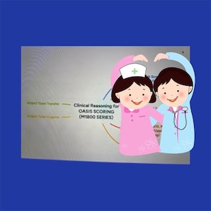 Puede incluir: Ilustración digital de dos profesionales médicos de dibujos animados formando un corazón con sus brazos. El texto de fondo dice "Clinical Reasoning for OASIS SCORING (M1800 SERIES)". El fondo es claro y el borde es azul.