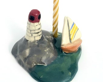 Sailboat and Lighthouse Candle Holder, Ceramic Cake Topper, Birthday Cake Gift