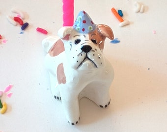 Bulldog Candle Holder, Ceramic Cake Topper, Birthday Cake Gift