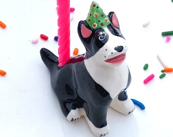 Bull Terrier Candle Holder, Ceramic Cake Topper, Birthday Cake Gift
