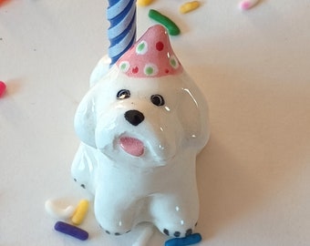 Bichon Candle Holder, Ceramic Cake Topper, Birthday Cake Gift