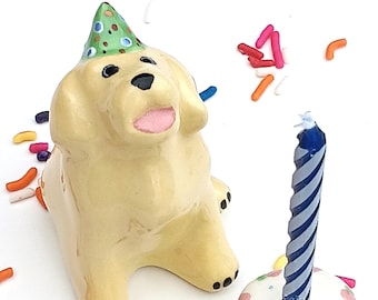 Golden Retriever with Cake Candle Holder, Ceramic Cake Topper, Party Puppy Birthday Cake Gift
