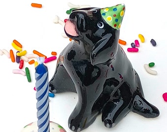 Black Lab and Cake Set, Candle Holder, Ceramic Cake Topper, Birthday Cake Gift