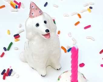 White Poodle and Cake Set, Candle Holder, Ceramic Cake Topper, Birthday Cake Gift