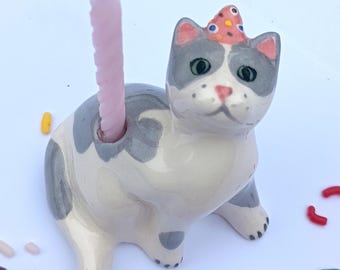 Cat Candle Holder, Ceramic Cake Topper, Grey Spotted Kitten Party Cake Decoration