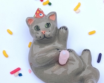 Gray Cat Handmade Ceramic Cake Topper, Grey Kitten Party Cake Decoration