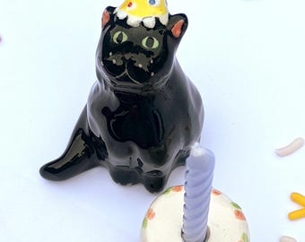 Black Cat and Cake set, Candle Holder, Ceramic Topper,  Kitten Party Decoration