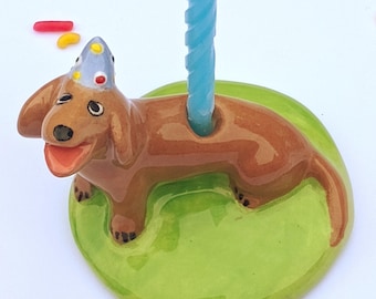 Red Dachshund Candle Holder, Ceramic Cake Topper, Birthday Decoration Gift