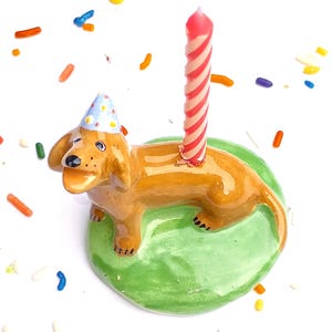 Tan Dachshund Candle Holder, Ceramic Cake Topper, Birthday Cake Gift
